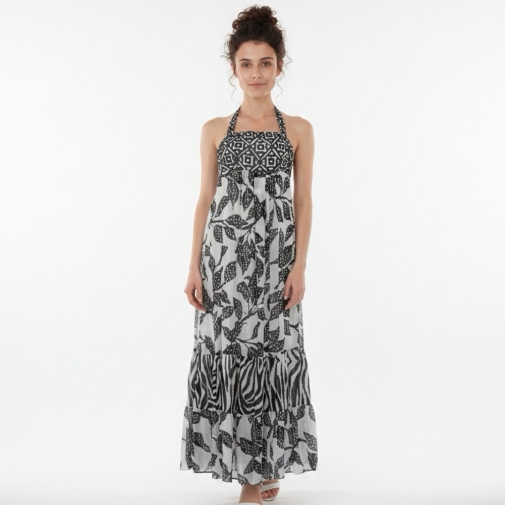 White House Black Market Dress Womens 0 Black Patchwork Halter Maxi Chiffon - Picture 2 of 11